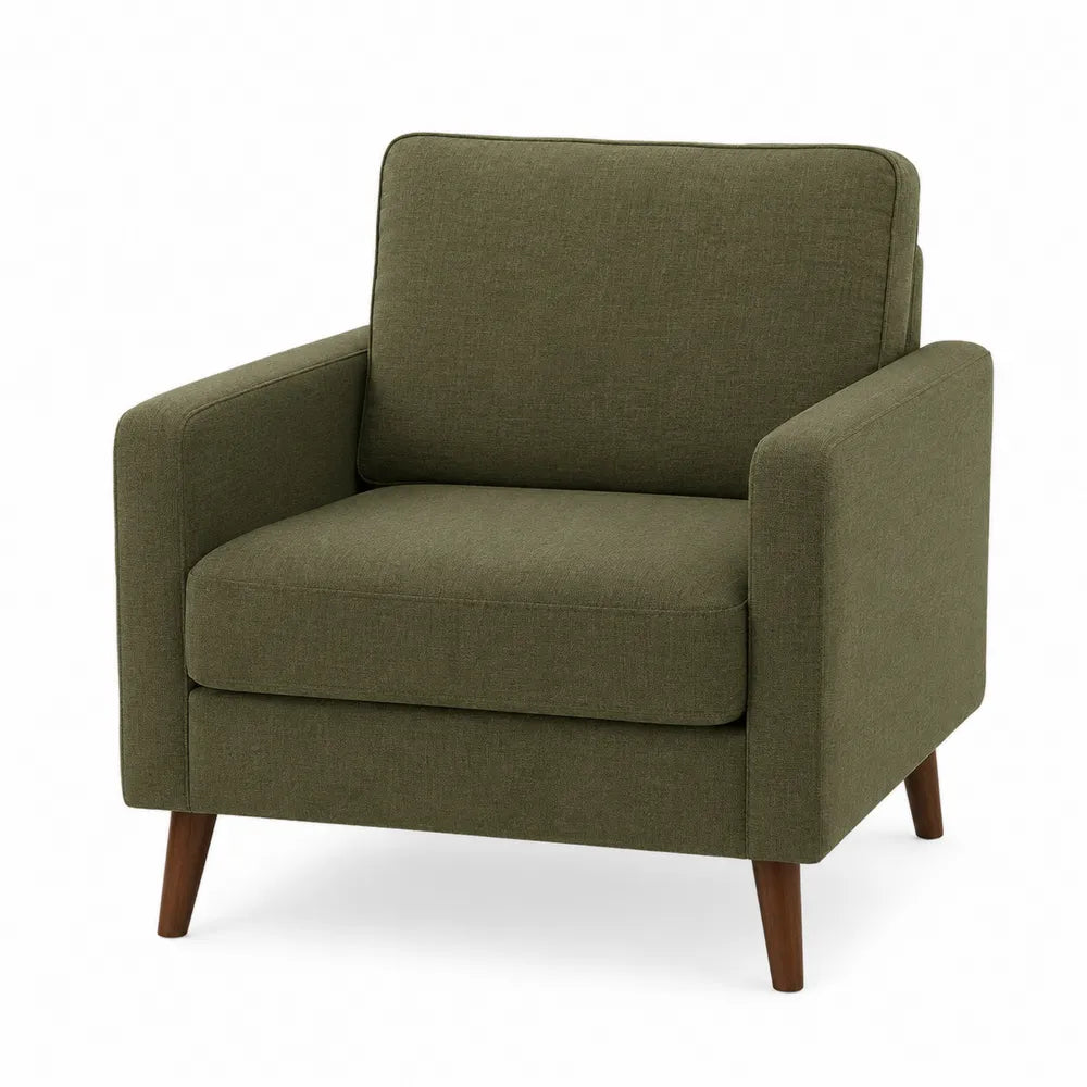Sofá individual de tela de poliéster verde oliva con patas de madera maciza