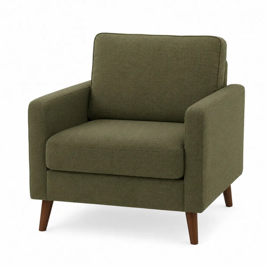 Sofá individual de tela de poliéster verde oliva con patas de madera maciza