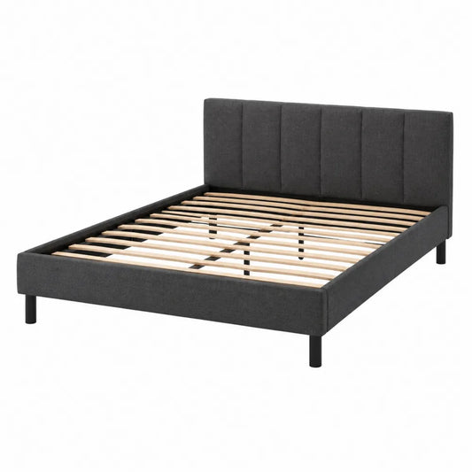 Cama de tela gris antracita con cabecero y somier de madera 200x150 cm