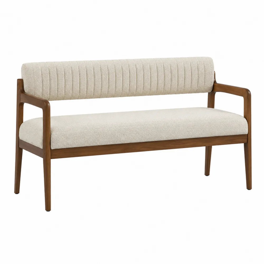 Banco de madera con asiento y respaldo de tela de poliéster beige