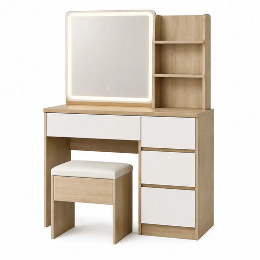 Tocador de MDF con LED y taburete, roble/blanco, 90x40x140 cm