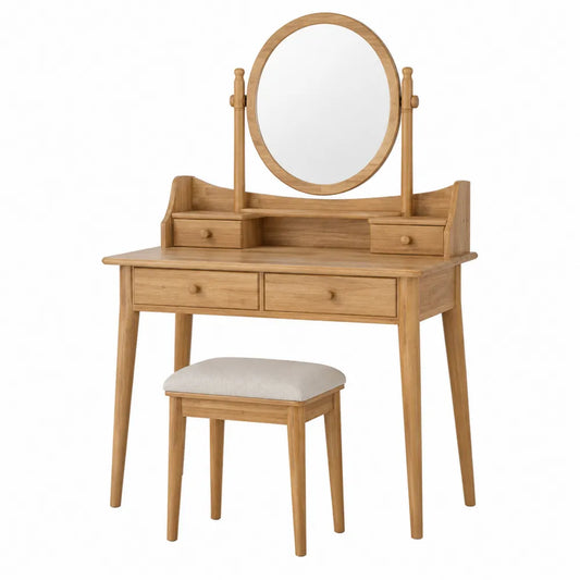 Conjunto de Tocador de Madera de Roble con Espejo y Taburete
