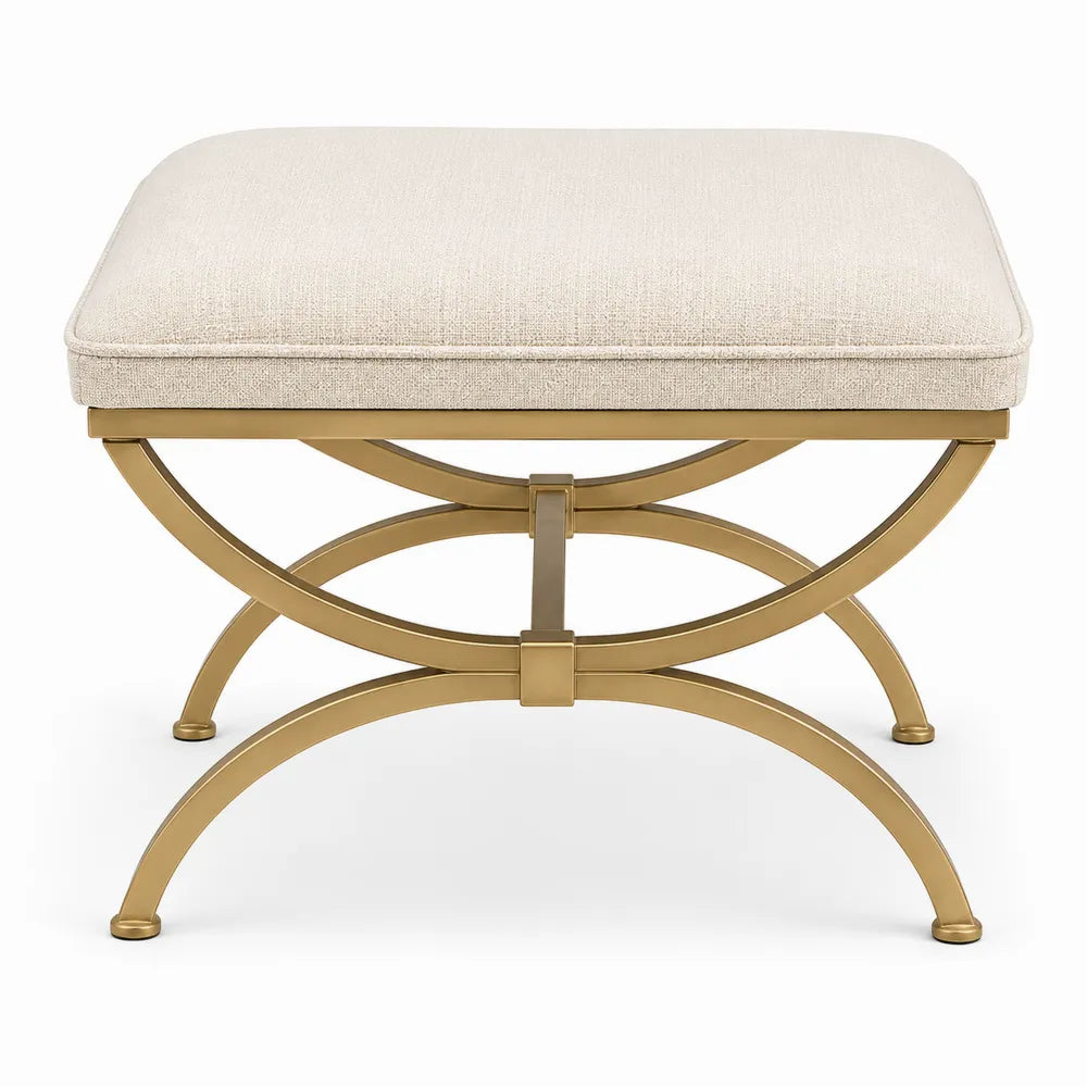 Banco de tela de poliéster beige con estructura de hierro dorado