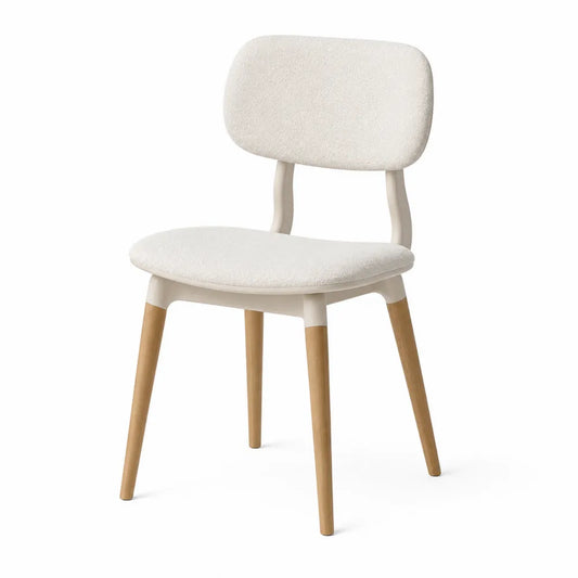 Silla de comedor beige con patas de madera y asiento de poliéster