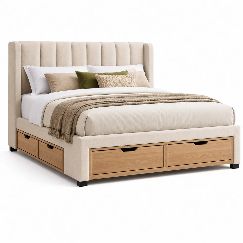 Cama de lino beige con almacenamiento y cajones de madera 200x160 cm
