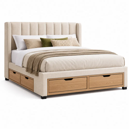 Cama de lino beige con almacenamiento y cajones de madera 200x160 cm