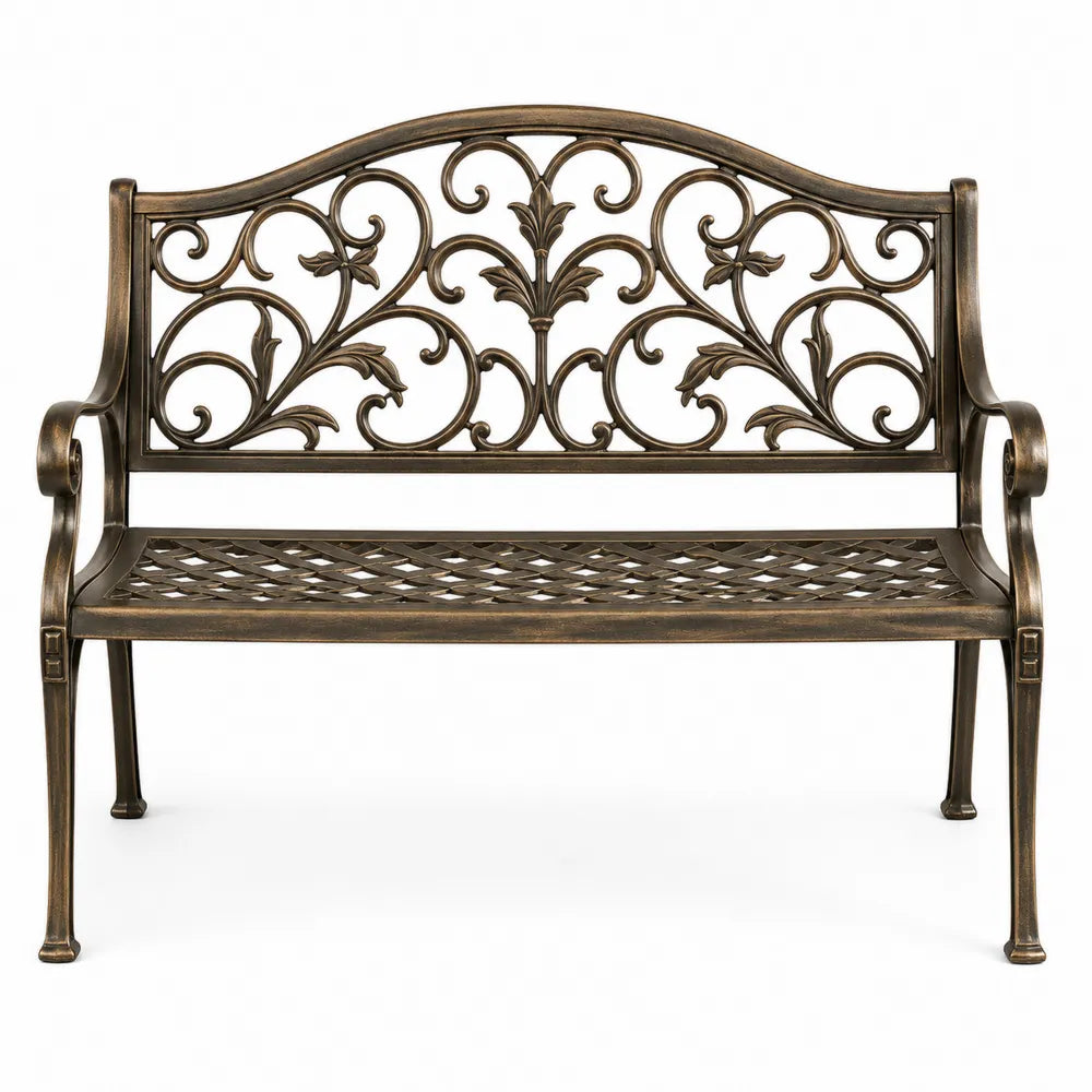 Banco de jardín de aluminio fundido con motivos florales, 127 cm
