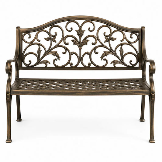 Banco de jardín de aluminio fundido con motivos florales, 127 cm