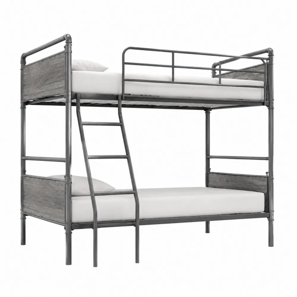 Litera de metal y MDF con escalera integrada 90x190 cm gris