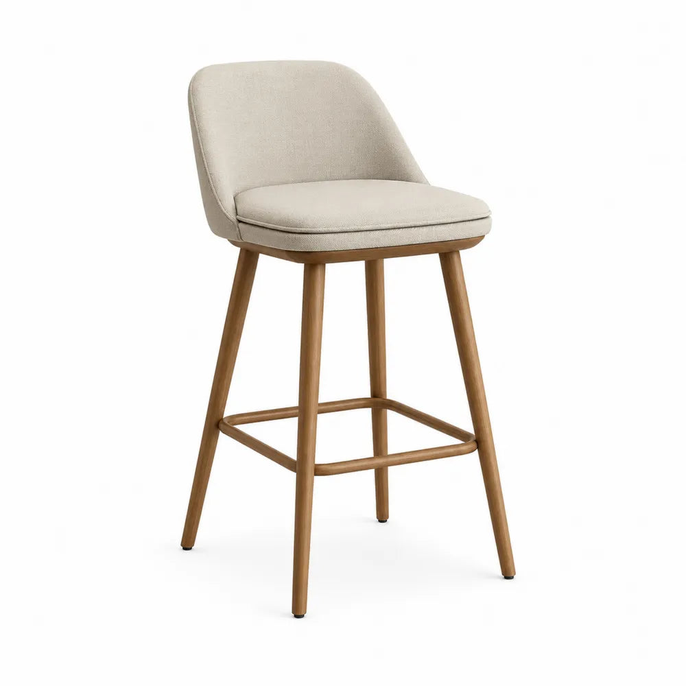 Taburete de tela beige con patas de madera