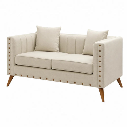 Sofá de dos plazas beige de tela con patas de madera
