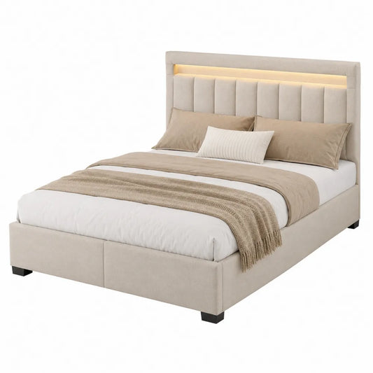 Cama doble en poliéster beige con cabecera acolchada y luz LED 200x160 cm