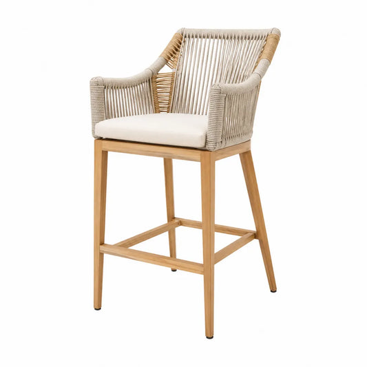 Silla de bar con brazos de cuerda y cojín de poliéster blanco estructura de madera de acacia