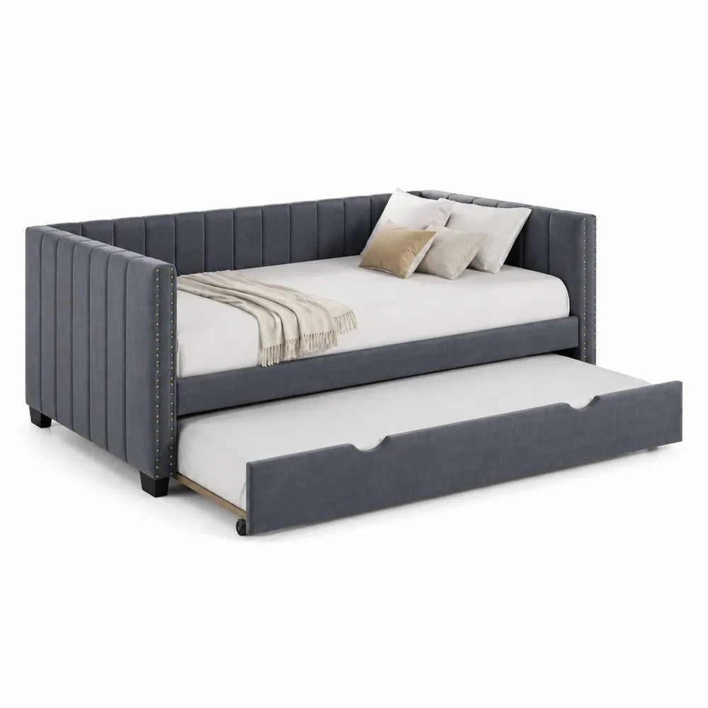 Cama nido de terciopelo gris oscuro con somier extraíble 200x90 cm
