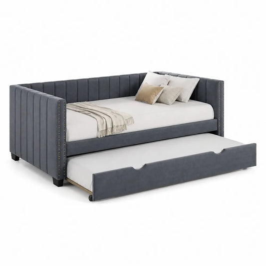Cama nido de terciopelo gris oscuro con somier extraíble 200x90 cm