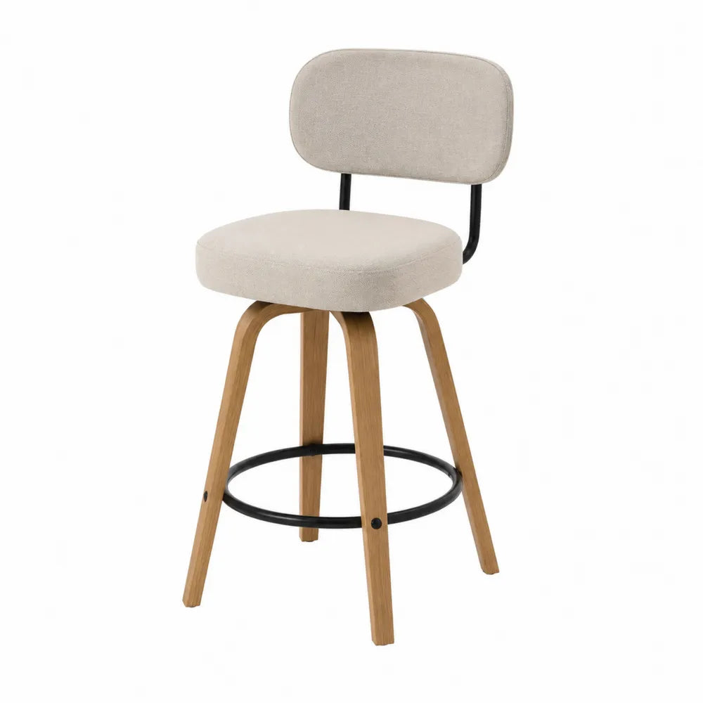 Silla giratoria de madera y metal con asiento de tela beige