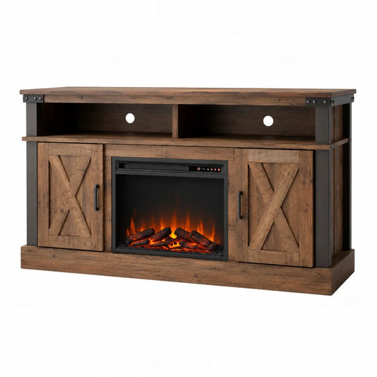 Mueble de TV con chimenea eléctrica de MDF y acero 150cm marrón