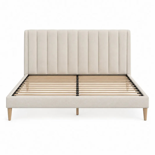 Cama tapizada de tela beige con cabecero alto 160x200 cm