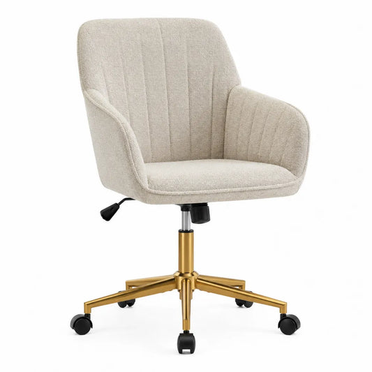 Silla giratoria de tela beige con base de metal y altura ajustable