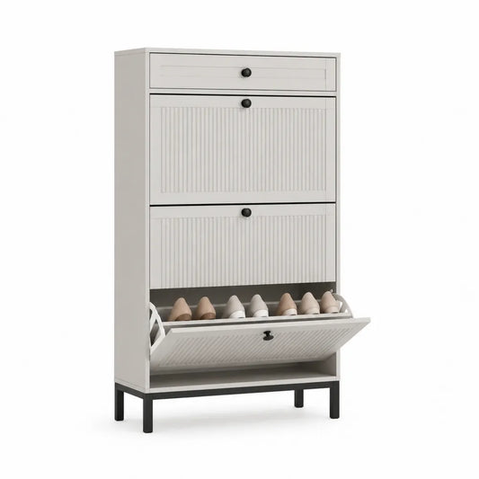 Zapatero de madera contrachapada blanco con estantes de metal y puertas abatibles 135x60x24 cm