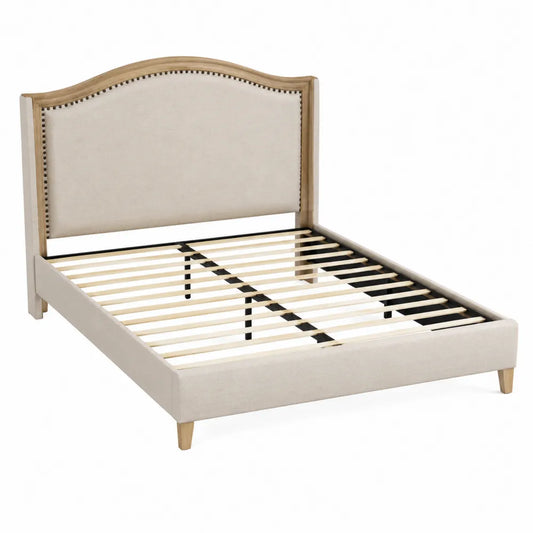 Cama doble de madera y lino beige 200x160 cm