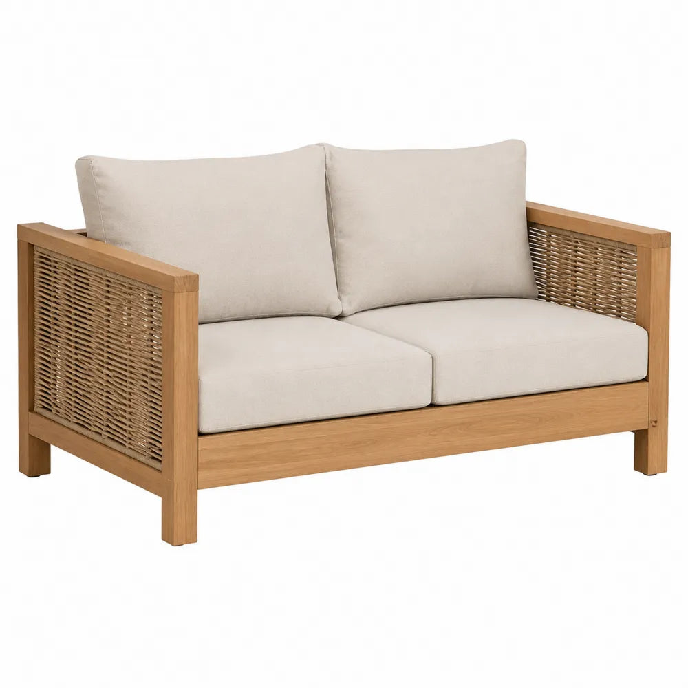 Sofá de exterior de madera y ratán con cojines beige 2 plazas