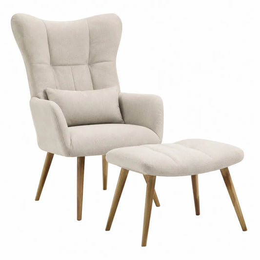 Conjunto de Sillón y Reposapiés de Poliéster Beige con Patas de Madera de Haya