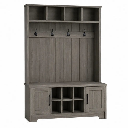 Perchero de entrada de tablero de partículas gris con compartimentos