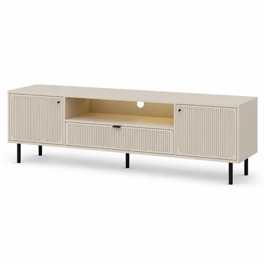 Mueble para TV de madera MDF beige con patas de metal negras 160x40x50 cm