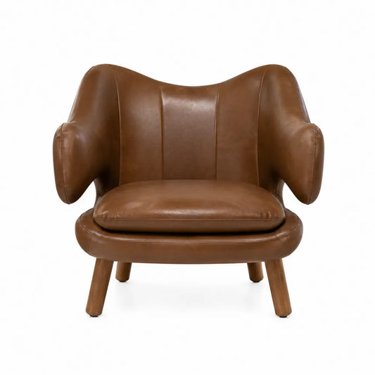 Sillón de cuero sintético marrón con patas de madera