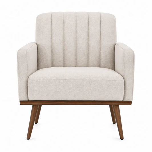Sillón individual de tela beige con patas de madera